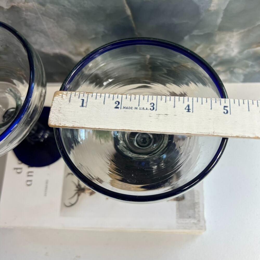 Hand blown Margarita Glasses Set of 2 6.5" Tall Clear Cobalt Blue Rim - Picture 2 of 4